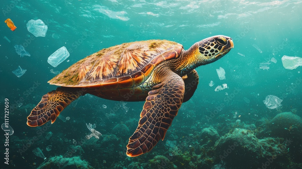Obraz premium Animal pollution microplastics. A turtle swims gracefully in a vibrant underwater scene.