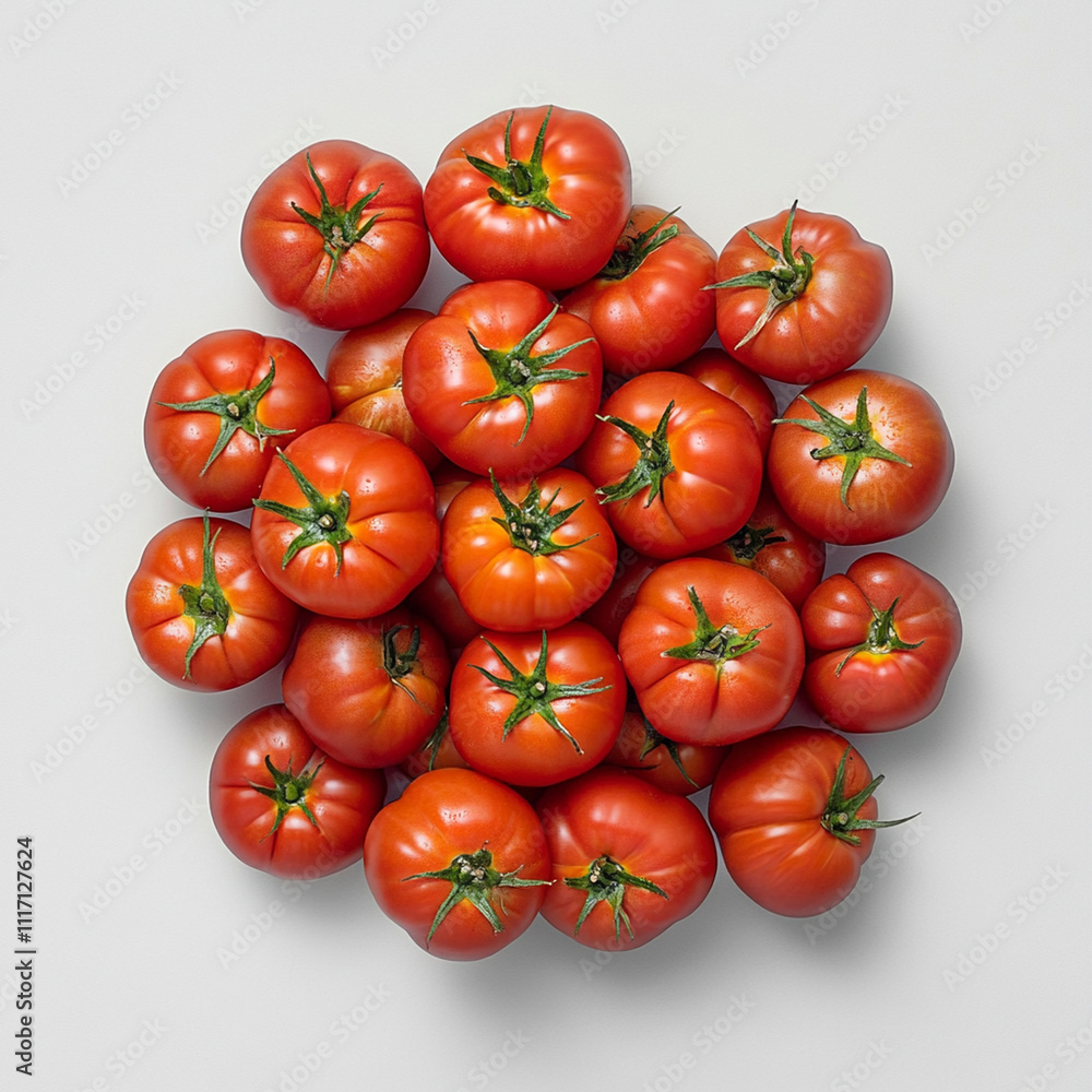 Fresh, ripe tomatoes piled together, showcasing their vibrant red color and green stems Fresh, ripe tomatoes piled together, showcasing their vibrant red color and green stems