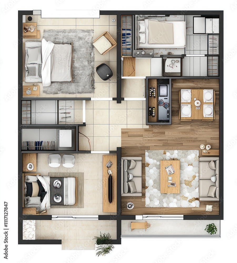 Single-level modern 3D flat design with kitchen-living area, two bedrooms, and balcony. Single-level modern 3D flat design with kitchen-living area, two bedrooms, and balcony.