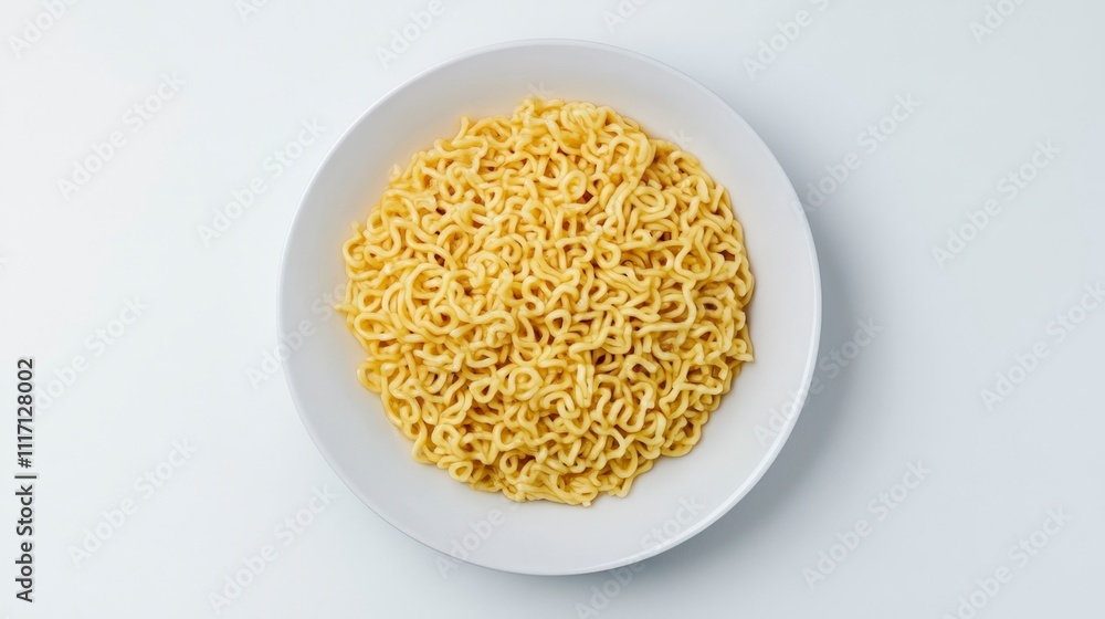Bowl of Plain Cooked Ramen Noodles on White Background - Overhead View Bowl of Plain Cooked Ramen Noodles on White Background - Overhead View