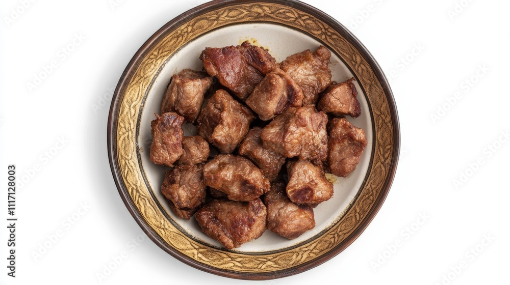 Delicious Roasted Meat Cubes in Rustic Bowl - Overhead Shot Delicious Roasted Meat Cubes in Rustic Bowl - Overhead Shot