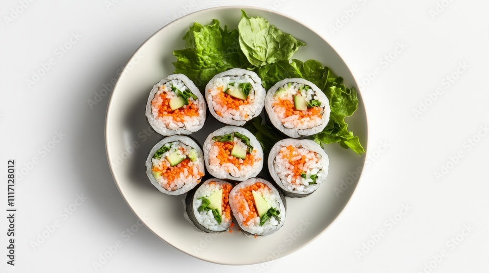 Delicious Vegan Sushi Rolls on Plate, Overhead View Delicious Vegan Sushi Rolls on Plate, Overhead View
