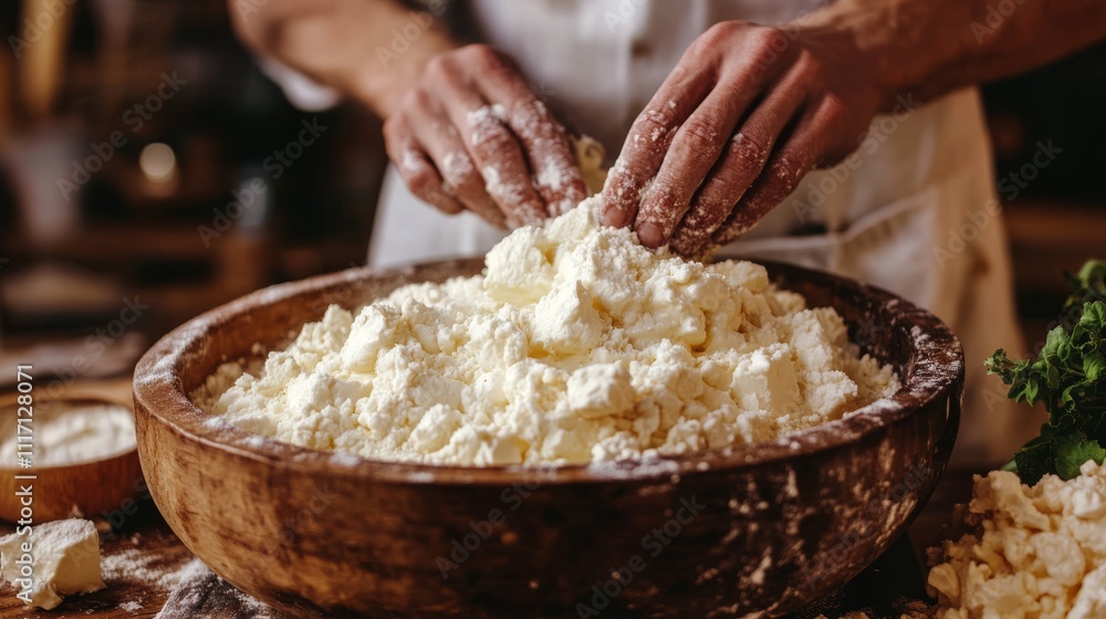 A person is preparing fresh cheese, handling curds in a wooden bowl, surrounded by a rustic kitchen setting. A person is preparing fresh cheese, handling curds in a wooden bowl, surrounded by a rustic kitchen setting.