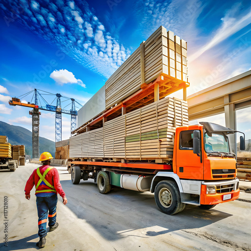 A cartoon-style construction material delivery scene, with trucks and equipment like cranes