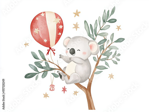 whimsical watercolor illustration of koala holding red balloon, surrounded by stars and leaves. This charming artwork captures playful and joyful moment in nature photo