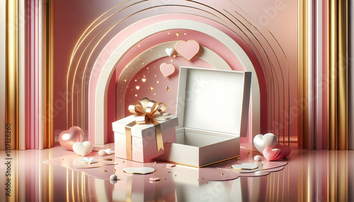 Valentine An opened Valentine's gift box with blank space, surrounded by geometric arcs and soft pink and gold1 photo