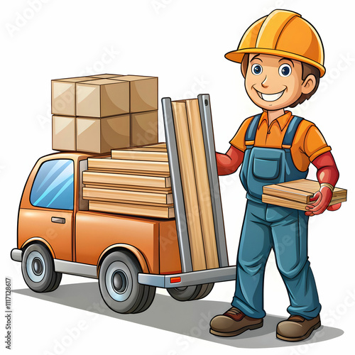 A cartoon-style construction material delivery scene, with trucks and equipment like cranes