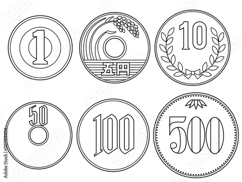 日本のお金　小銭のモノクロイラスト素材
