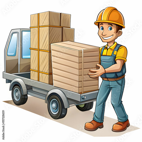 A cartoon-style construction material delivery scene, with trucks and equipment like cranes