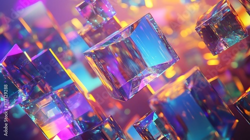 Abstract vibrant iridescent glass cubes floating in colorful space.