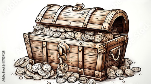 Overflowing wooden treasure chest filled with silver coins.