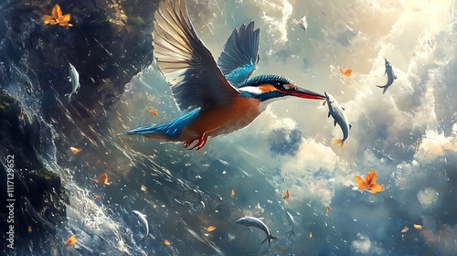 A Kingfisher in Flight, Capturing a Fish with its Talons photo