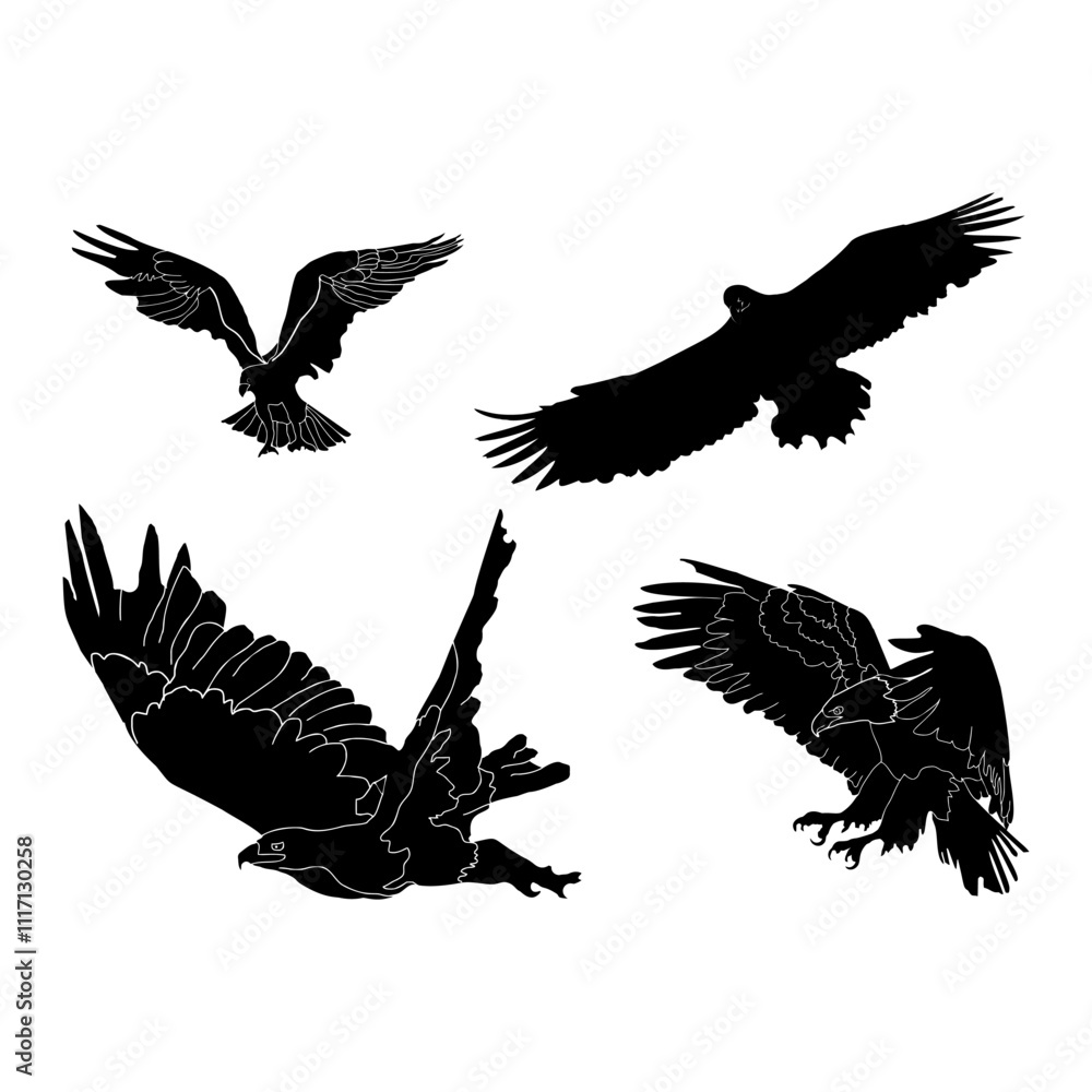 Fototapeta premium Silhouettes of birds doodle set. Black collection design animal cartoon for nature. Element graphic drawing sketch and isolated white background. Abstract decoration symbol