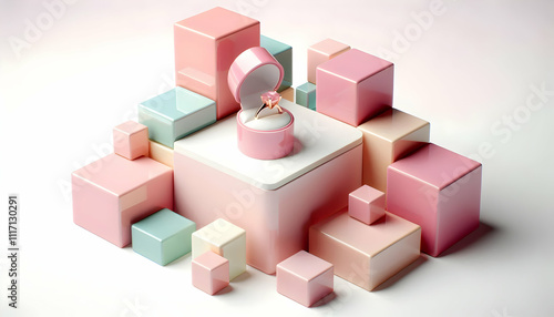 Valentine A glossy pink ring box displayed on a minimalist podium surrounded by pastel-colored geometric cubes1 photo