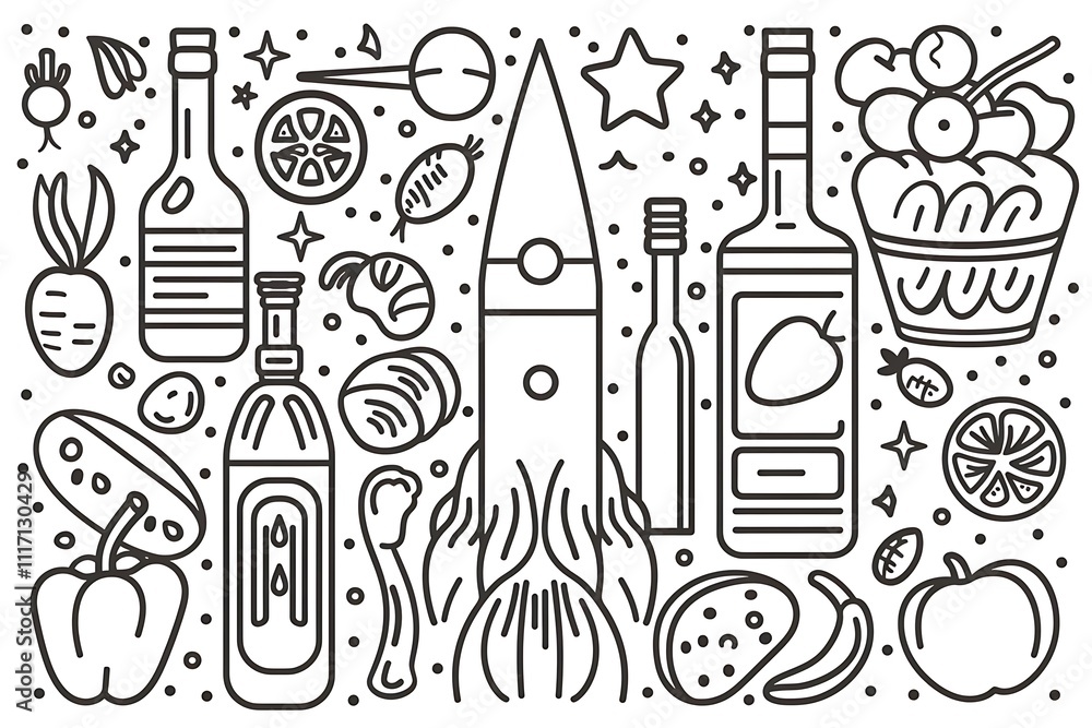 Obraz premium Line art illustration of various food and drink items, including vegetables, fruits, and bottles.