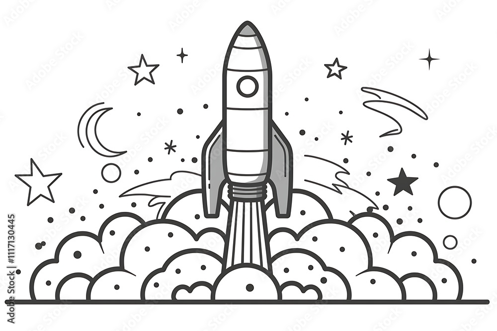 A grayscale line drawing of a rocket launching into space, surrounded by stars and clouds. A grayscale line drawing of a rocket launching into space, surrounded by stars and clouds.
