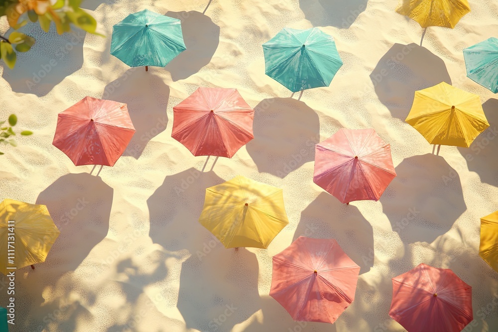 Pastel colored umbrellas scattered across the sand Pastel colored umbrellas scattered across the sand