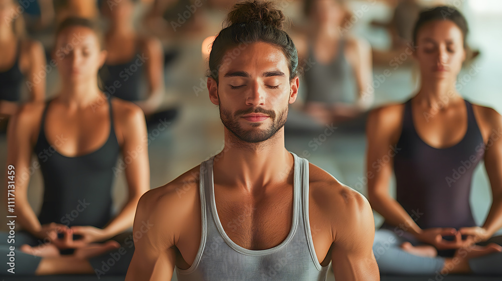 Group meditation in yoga studio, breath exercise, men and women meditating and breathing with closed eyes, breathwork concept