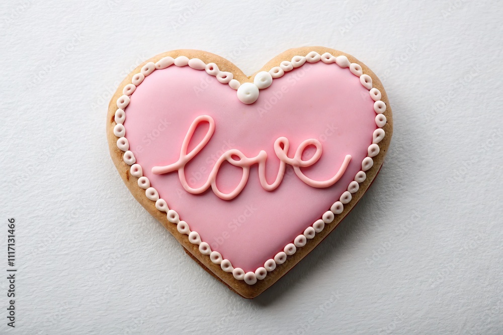 Romantic Pink Heart Cookie with Icing and Love Message for Valentine's Day - Flat Lay Design on White Background with Long Exposure Effect Romantic Pink Heart Cookie with Icing and Love Message for Valentine's Day - Flat Lay Design on White Background with Long Exposure Effect