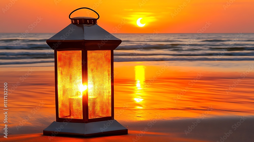 Illuminated Lantern on a Sandy Beach at Sunset with a Crescent Moon Illuminated Lantern on a Sandy Beach at Sunset with a Crescent Moon