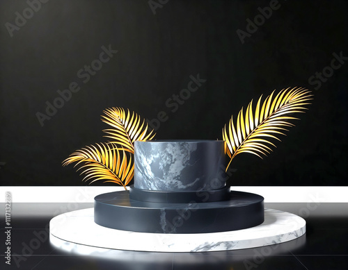 black podium on black background. Luxury template for product demonstration