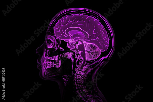 Epilepsy awareness concept, side view of a purple human head and brain on a dark black background with copy space. Epilepsy or seizure disorder.