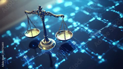 Obraz A digital representation of justice featuring a balanced scale, symbolizing fairness and equality in a modern, technology-driven context.