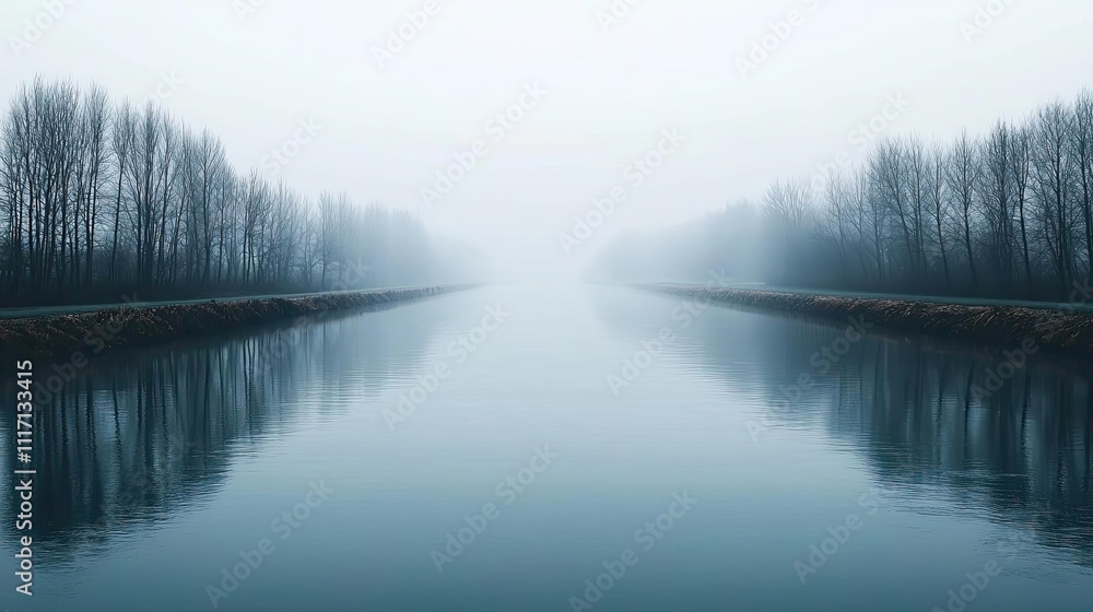 Fototapeta premium Tranquil river scene surrounded by fog and barren trees.