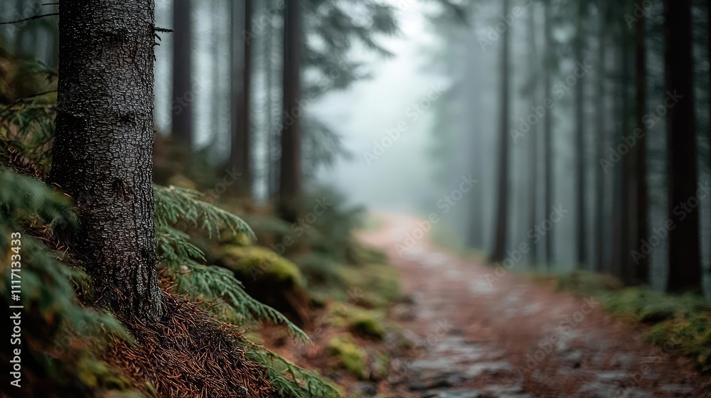 Naklejka premium Misty forest path surrounded by lush greenery and tall trees.