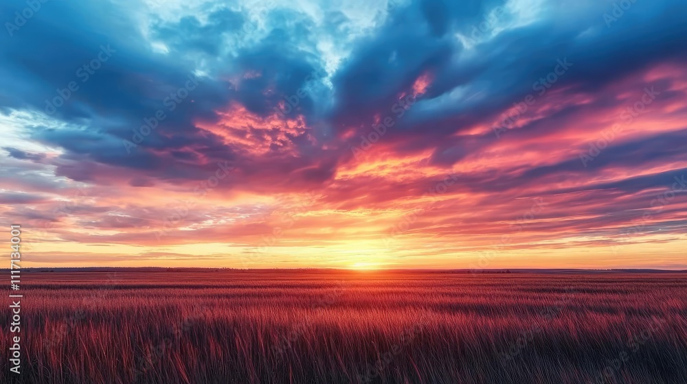Vibrant sunset over a field, with colorful clouds illuminating the horizon. Vibrant sunset over a field, with colorful clouds illuminating the horizon.