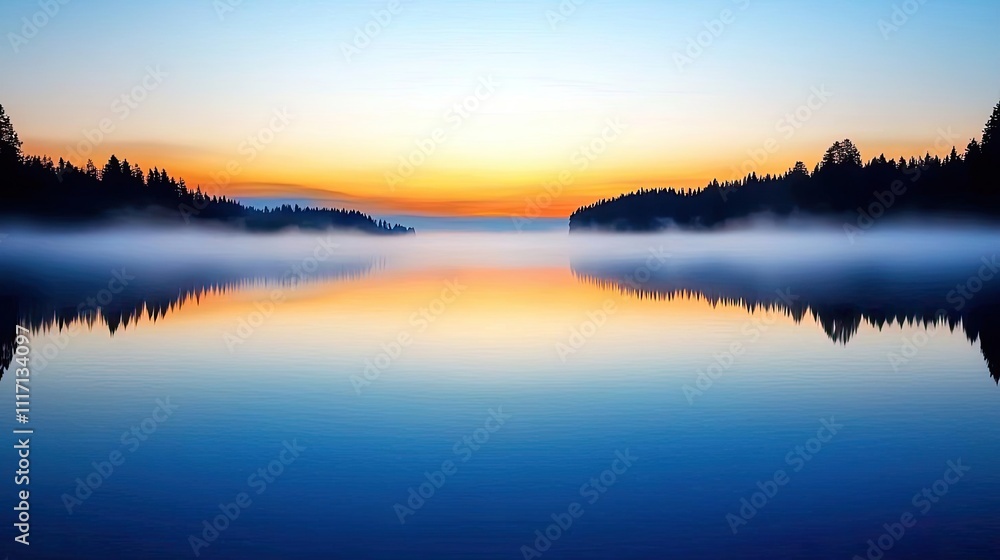 Serene lake at sunset with vibrant sky and misty reflections. Serene lake at sunset with vibrant sky and misty reflections.