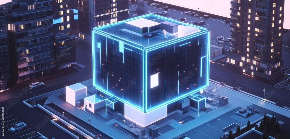 Isometric view of futuristic building with blue neon lights in a city at dusk. Isometric view of futuristic building with blue neon lights in a city at dusk.