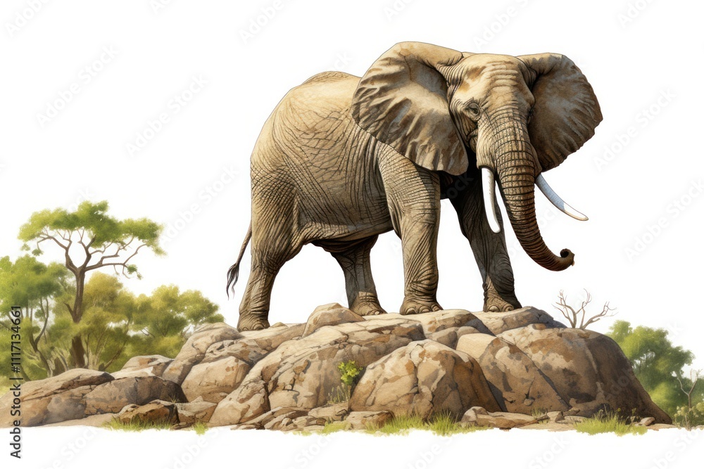 Obraz premium A powerful elephant cautiously approaching an isolated rocky outcrop, its large ears flapping gently in the breeze. The rugged terrain contrasts with the smooth skin of the elephant