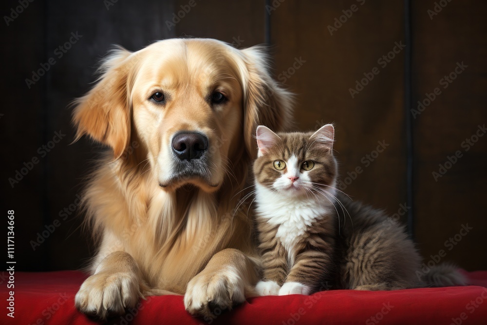 A playful golden retriever sitting next to a fluffy Persian cat, both looking curiously at the camera, with a small parakeet perched on the cat's back A playful golden retriever sitting next to a fluffy Persian cat, both looking curiously at the camera, with a small parakeet perched on the cat's back