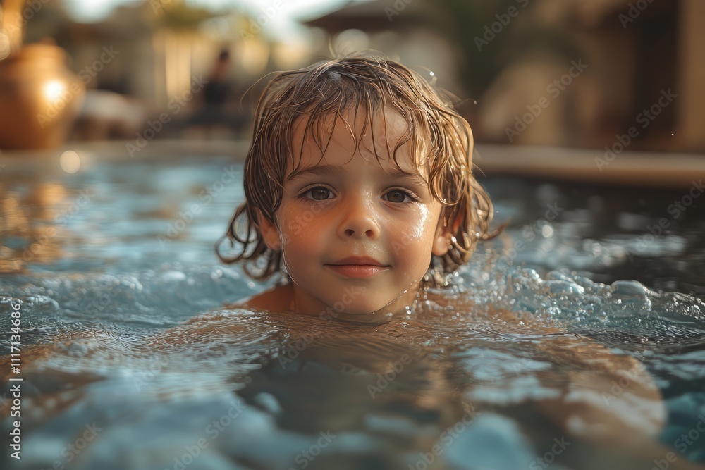 Obraz premium A little boy happily swims in the swimming pool, fashionable photography.