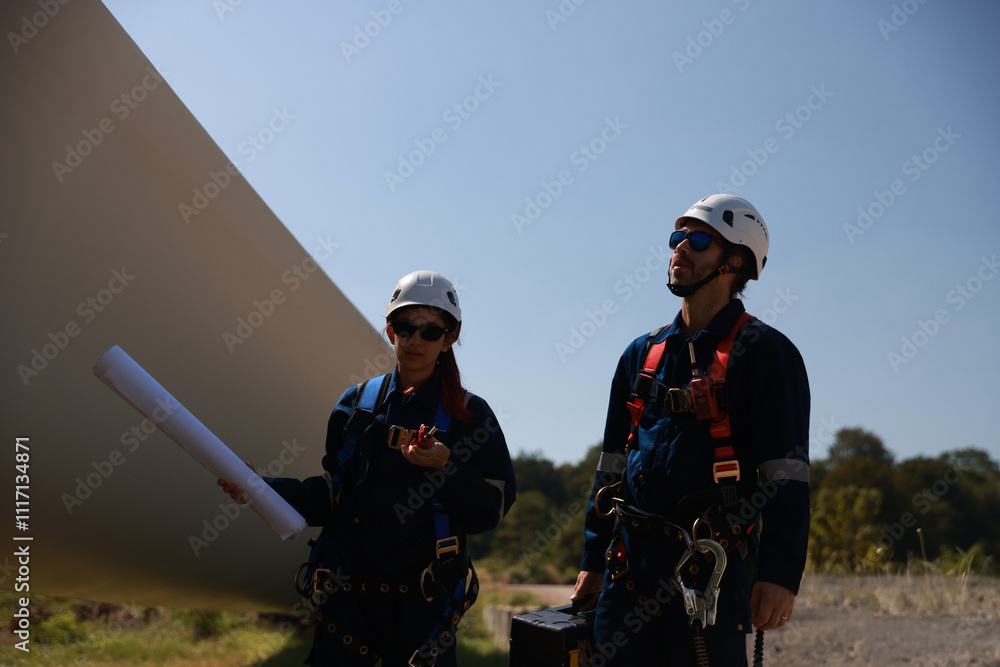 Two male and female wind turbine engineers examine the blades of a wind turbine, with a blueprint working at the base of a large wind turbine on a sunny day Two male and female wind turbine engineers examine the blades of a wind turbine, with a blueprint working at the base of a large wind turbine on a sunny day