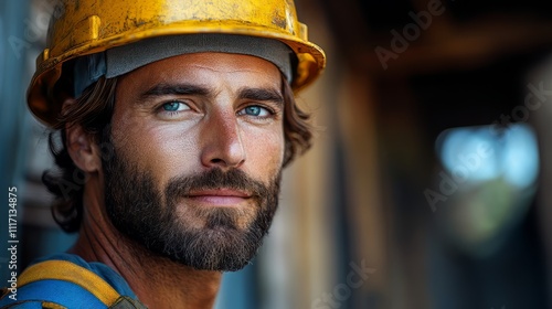 photo of a human male german construction worker with beautiful eyes and with yellow construction helmet and with blue overall and a wooden house.