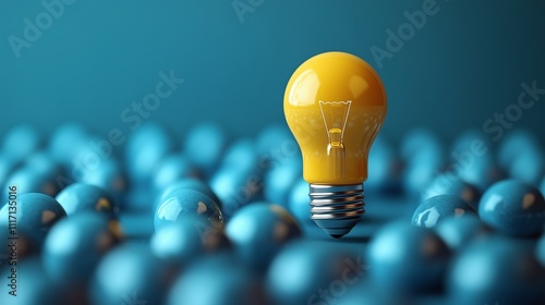 A glowing yellow light bulb stands out among blue bulbs, symbolizing innovation, best candidate, and a creative concept to spark the mind.






