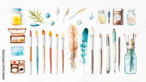 whimsical watercolor illustration featuring collection of art supplies, including brushes, paints, and natural elements like feathers and stones, evoking creativity and inspiration