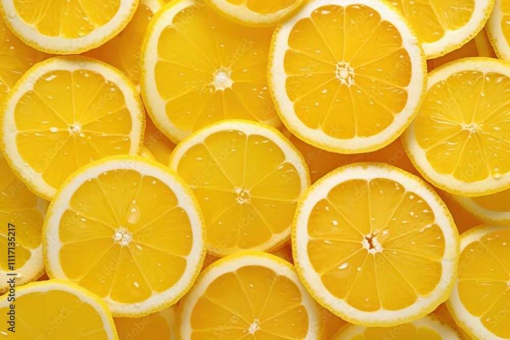 Obraz premium A uniform arrangement of lemon slices in a repeated pattern, highlighting the fresh citrus look and rich yellow tones.
