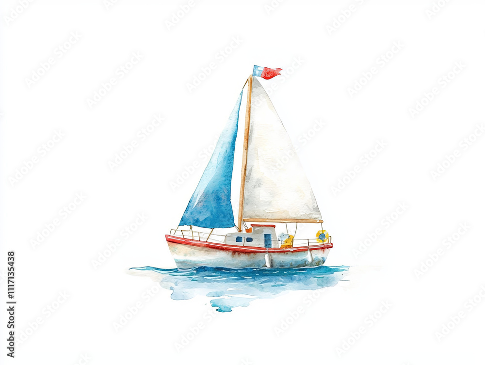 Fototapeta premium whimsical watercolor illustration of sailboat on calm waters, featuring white sail and red flag. serene scene evokes sense of adventure and tranquility