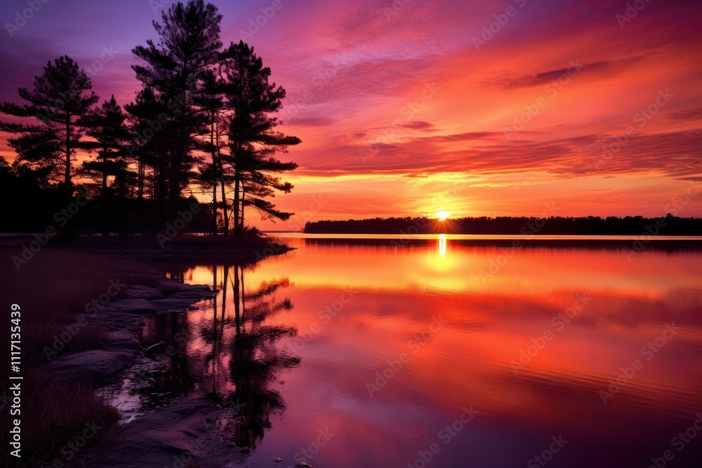 Fototapeta premium A vibrant sunset over a tranquil lake, with the sun dipping below the horizon. The sky is filled with shades of orange, pink, and purple, symbolizing the end of the day and the passage of time