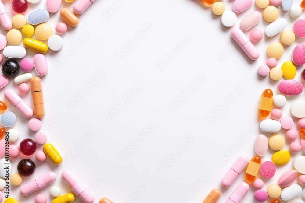 A visually engaging flat lay image depicting a frame formed by an eclectic mix of pills and supplements, placed on a soft pink background. The arrangement of the pills creates a bold outline A visually engaging flat lay image depicting a frame formed by an eclectic mix of pills and supplements, placed on a soft pink background. The arrangement of the pills creates a bold outline