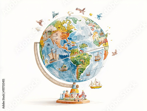 whimsical watercolor illustration of globe featuring various landmarks, ships, and animals, evoking sense of adventure and exploration. Perfect for travel enthusiasts