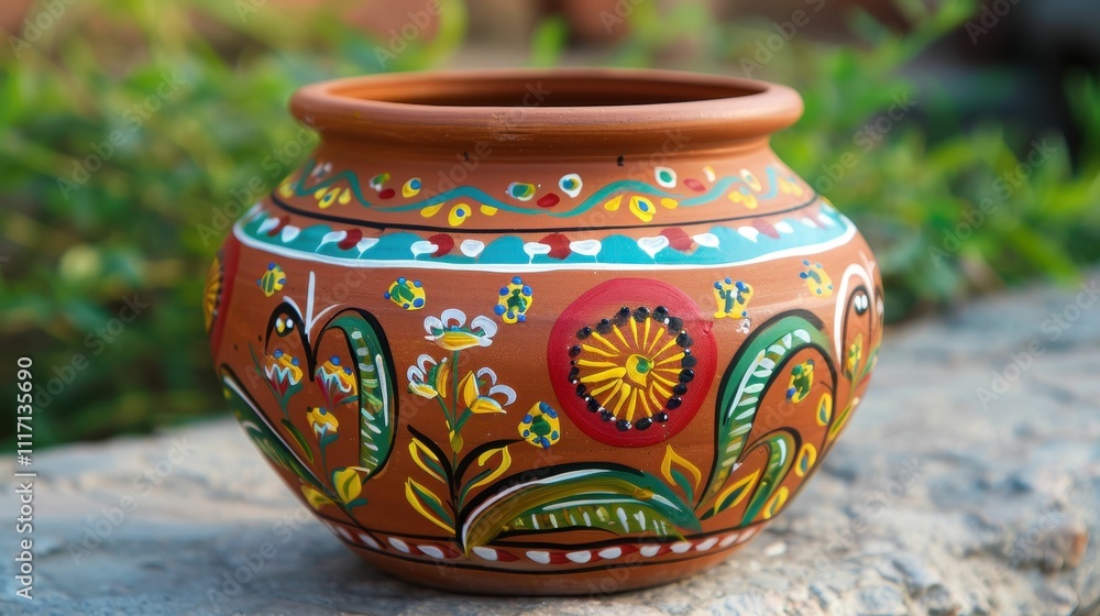 A beautifully painted clay pot adorned with vibrant floral designs, showcasing traditional craftsmanship, set against a natural backdrop. A beautifully painted clay pot adorned with vibrant floral designs, showcasing traditional craftsmanship, set against a natural backdrop.