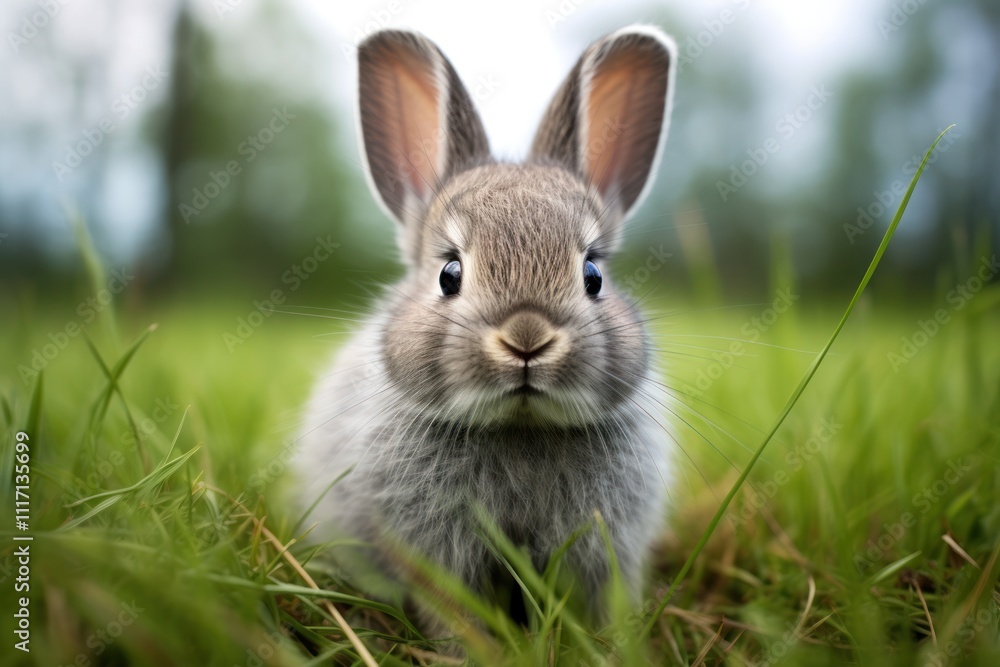 An adorable gray bunny with a round face and chubby cheeks, nestled comfortably in a bed of fresh green grass. Its ears flop to the side An adorable gray bunny with a round face and chubby cheeks, nestled comfortably in a bed of fresh green grass. Its ears flop to the side