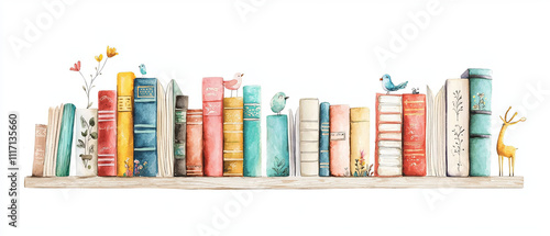 whimsical watercolor illustration of wooden shelf filled with colorful books, adorned with charming birds and flowers, creating delightful and inviting atmosphere