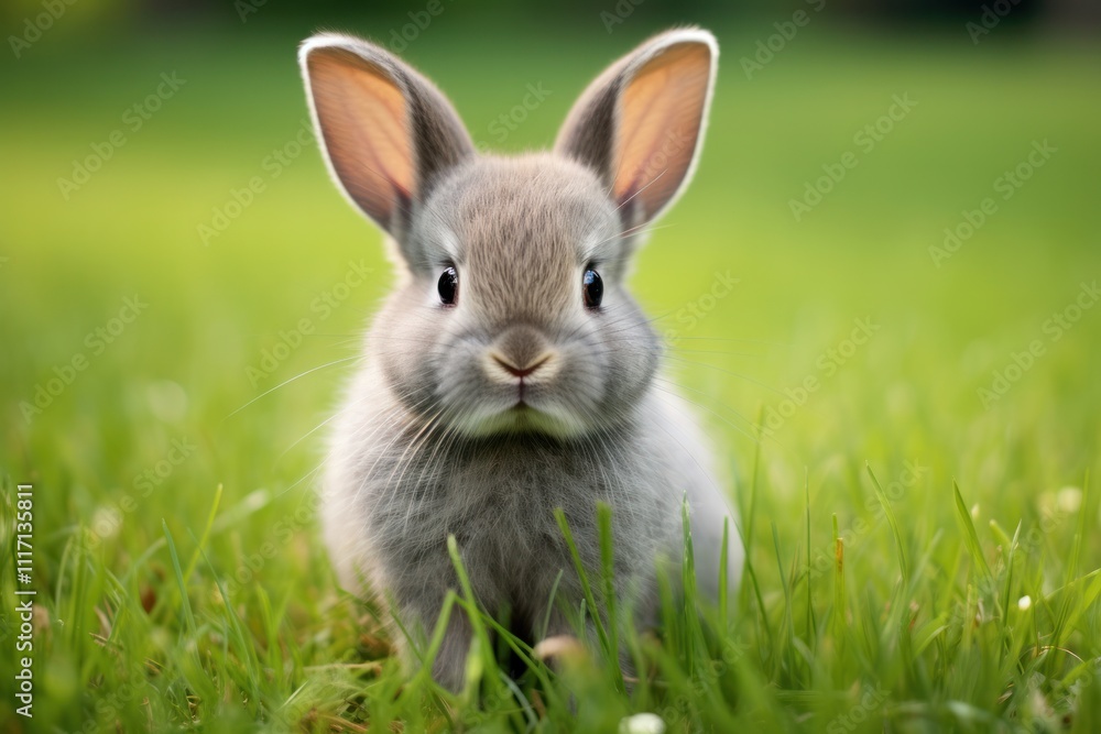 An adorable gray bunny with a round face and chubby cheeks, nestled comfortably in a bed of fresh green grass. Its ears flop to the side An adorable gray bunny with a round face and chubby cheeks, nestled comfortably in a bed of fresh green grass. Its ears flop to the side