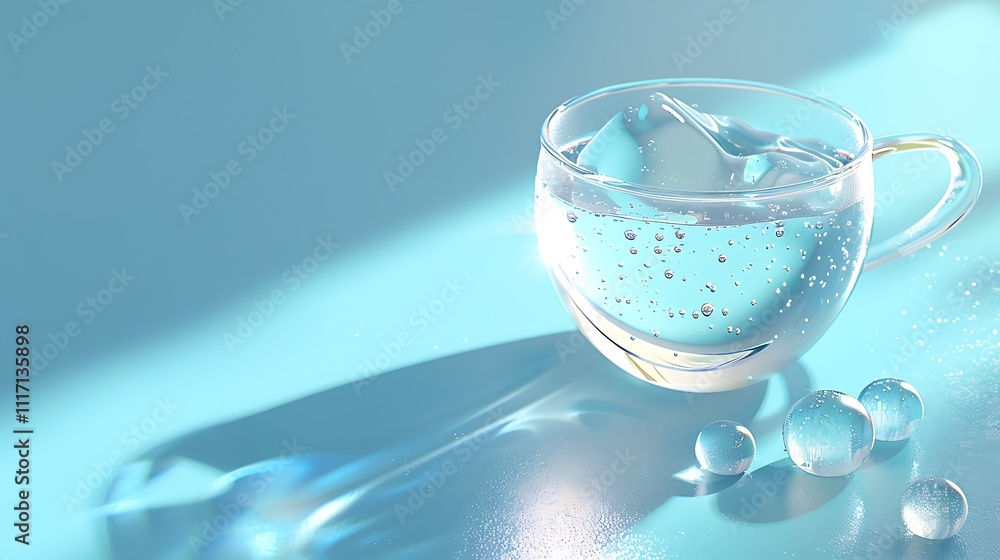 Cup filled with glowing silver liquid on blue background Cup filled with glowing silver liquid on blue background