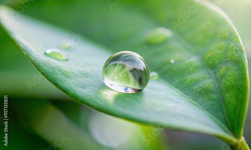 Close-up of a large water drop on a green leaf photo